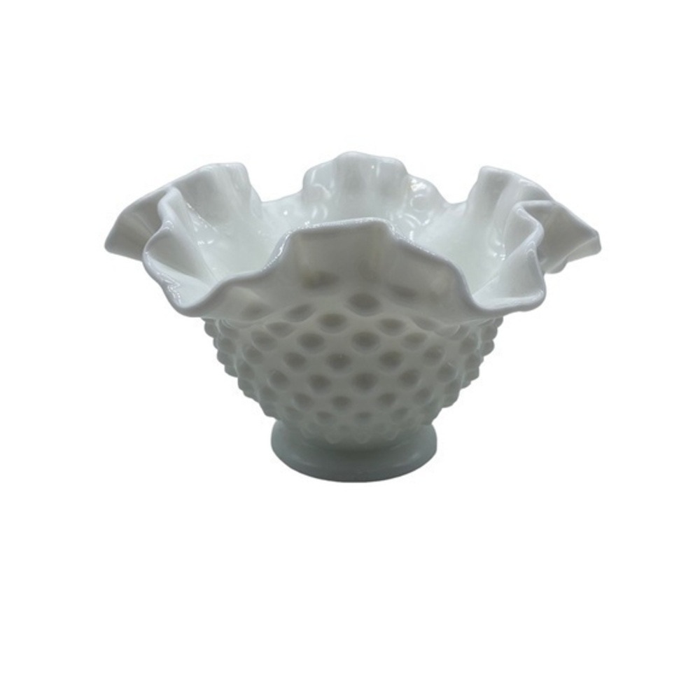 Vintage Fenton Milk Glass Hobnail Ruffled Bowl